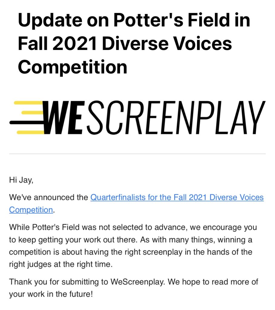 Writing Update: How I Did in the WeScreenplay Diverse Voices Screenplay Contest 🏆